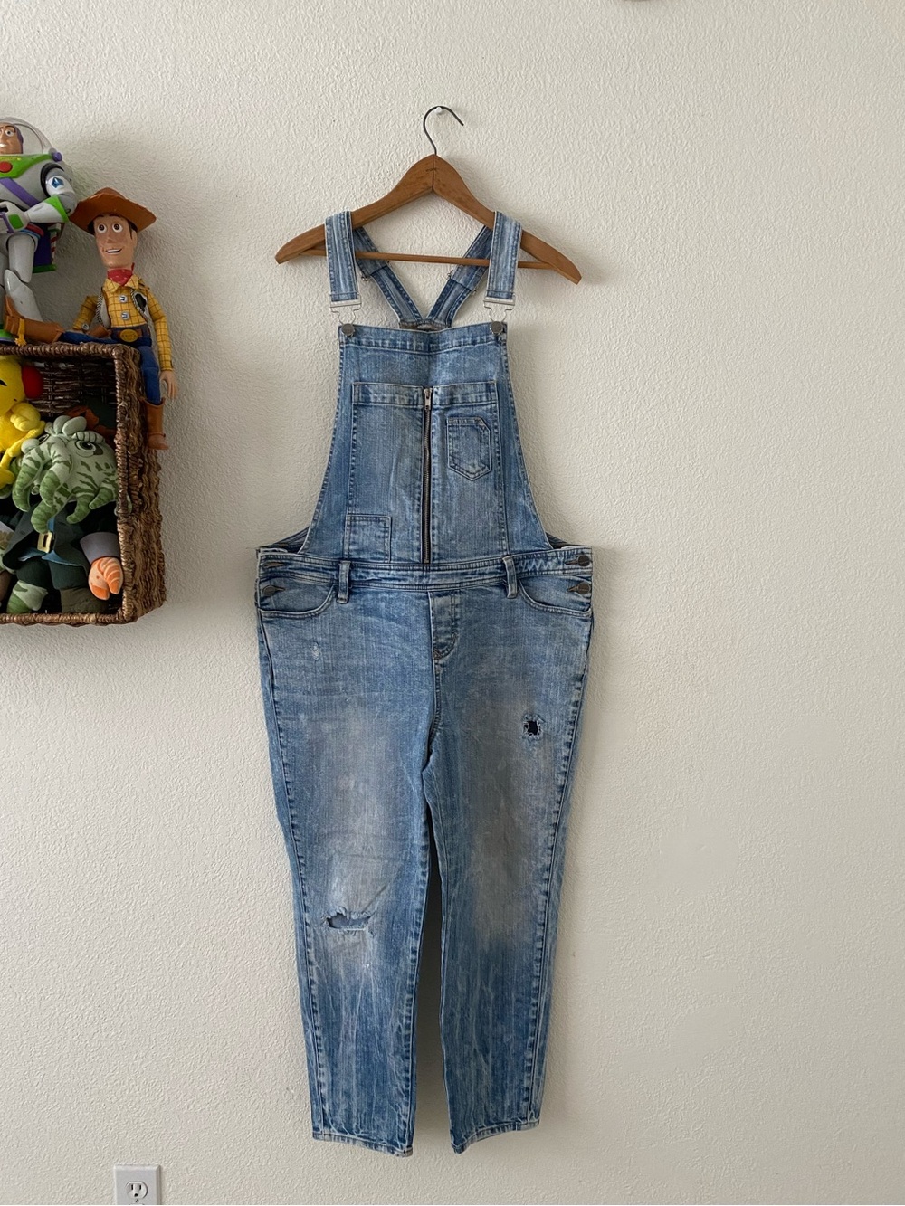 Dear John Zip-Front Pocket Light Wash Distressed Overalls. Size 31.